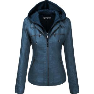 Springrain Women’s Faux Leather Jacket Moto Biker Coat with Detachable Hood Motorcycle Jacket(Blue)