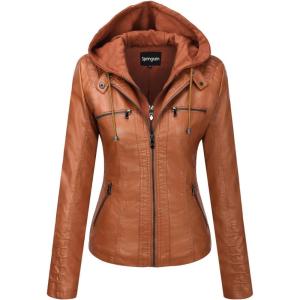 Springrain Women’s Faux Leather Jacket Moto Biker Coat with Detachable Hood Motorcycle Jacket(Brown)