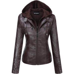 Springrain Women’s Faux Leather Jacket Moto Biker Coat with Detachable Hood Motorcycle Jacket(Coffee)