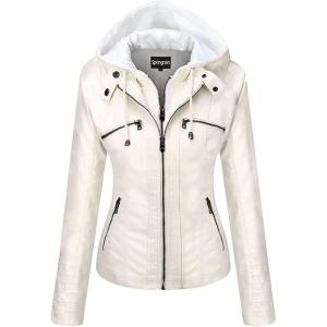 Springrain Women’s Faux Leather Jacket Moto Biker Coat with Detachable Hood Motorcycle Jacket(White)
