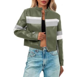 Tankaneo Womens Cropped Moto Biker Jackets Faux Leather Bomber Jacket Color Block Vintage Racing Coats(Army Green)