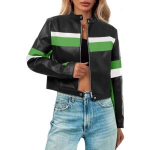 Tankaneo Womens Cropped Moto Biker Jackets Faux Leather Bomber Jacket Color Block Vintage Racing Coats(Green)