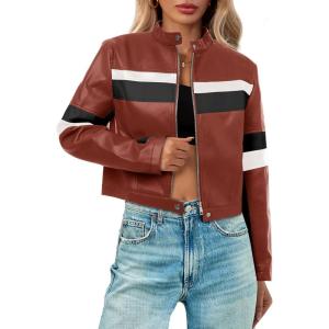 Tankaneo Womens Cropped Moto Biker Jackets Faux Leather Bomber Jacket Color Block Vintage Racing Coats(Red Brown)