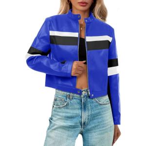 Tankaneo Womens Cropped Moto Biker Jackets Faux Leather Bomber Jacket Color Block Vintage Racing Coats(Royal Blue)