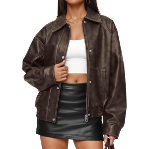 Trendy Queen Womens Oversized Leather Jackets Fall Motorcycle Bomber Winter Coats 2026(Brown)