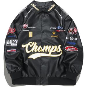 Vamtac Faux Leather Motocross Jackets Oversized Vintage Racing Varsity Bomber Coat Unisex Trendy Streetwear(Black)