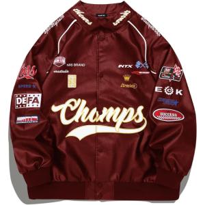 Vamtac Faux Leather Motocross Jackets Oversized Vintage Racing Varsity Bomber Coat Unisex Trendy Streetwear(Red)