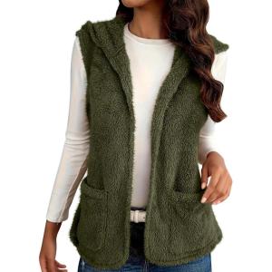 Womens Fuzzy Fleece Sherpa Vest Sleeveless Open Front Hooded Vests Faux Fur Warm Winter Jacket Running Vest with Pockets(Army Green)