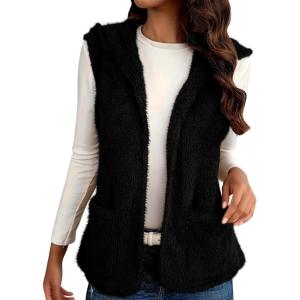 Womens Fuzzy Fleece Sherpa Vest Sleeveless Open Front Hooded Vests Faux Fur Warm Winter Jacket Running Vest with Pockets(Black)