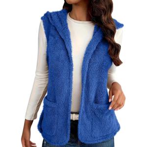 Womens Fuzzy Fleece Sherpa Vest Sleeveless Open Front Hooded Vests Faux Fur Warm Winter Jacket Running Vest with Pockets(Blue)