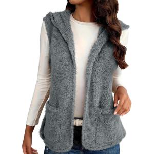 Womens Fuzzy Fleece Sherpa Vest Sleeveless Open Front Hooded Vests Faux Fur Warm Winter Jacket Running Vest with Pockets(Gray)