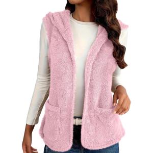 Womens Fuzzy Fleece Sherpa Vest Sleeveless Open Front Hooded Vests Faux Fur Warm Winter Jacket Running Vest with Pockets(Pink)