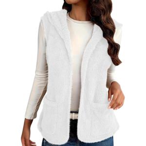 Womens Fuzzy Fleece Sherpa Vest Sleeveless Open Front Hooded Vests Faux Fur Warm Winter Jacket Running Vest with Pockets(White)