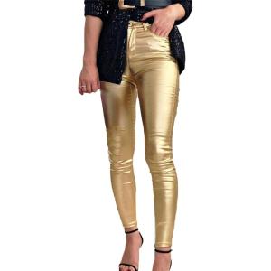 ZH8FCHAN Women’s High Waisted Stretch Faux Leather Pants PU Coated Legging Special Color(Golden)