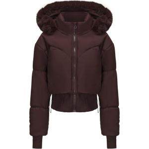 bawilom Womens Winter Cropped Puffer Jacket Long Sleeve Oversized Stand Collar Zip-Up Short Coats with Faux Fur Hood Outwear(Brown)