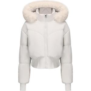bawilom Womens Winter Cropped Puffer Jacket Long Sleeve Oversized Stand Collar Zip-Up Short Coats with Faux Fur Hood Outwear(White)