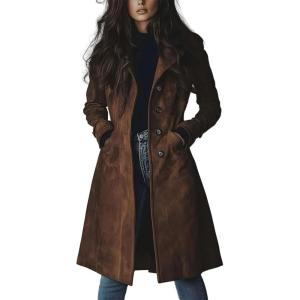 chouyatou Women’s Fall Faux Suede Leather Trench Coat Casual Lapel Midi Long Dressy Blazer Jacket Coat with Pockets(Coffee Brown)