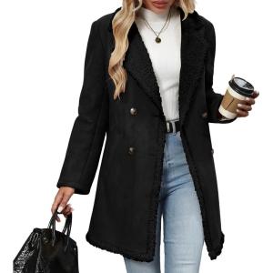 chouyatou Women’s Winter Notch Lapel Double Breasted Peacoat Sherpa Fleece Lined Faux Suede Jacket Coat(Black)