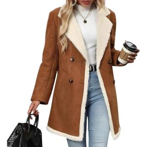 chouyatou Women’s Winter Notch Lapel Double Breasted Peacoat Sherpa Fleece Lined Faux Suede Jacket Coat(Brown)
