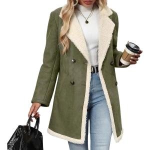 chouyatou Women’s Winter Notch Lapel Double Breasted Peacoat Sherpa Fleece Lined Faux Suede Jacket Coat(Green)