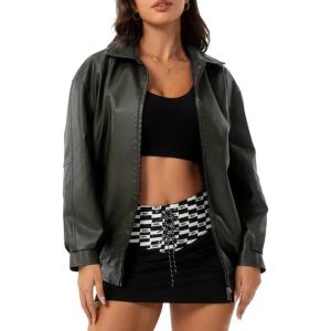 hathne Women’s Oversized Leather Jackets Faux Zip Up Fall Fashion Motorcycle Jackets Coats Winter Clothes(Army Green)