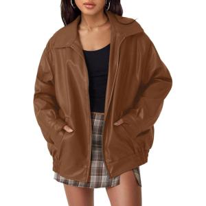 hathne Women’s Oversized Leather Jackets Faux Zip Up Fall Fashion Motorcycle Jackets Coats Winter Clothes(Camel)