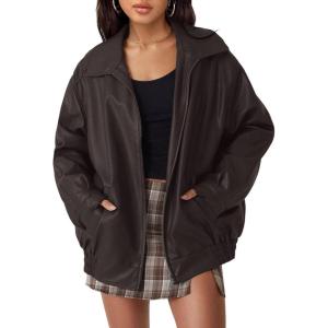 hathne Women’s Oversized Leather Jackets Faux Zip Up Fall Fashion Motorcycle Jackets Coats Winter Clothes(Coffee)