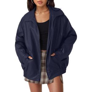 hathne Women’s Oversized Leather Jackets Faux Zip Up Fall Fashion Motorcycle Jackets Coats Winter Clothes(Dark Blue)