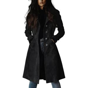 utcoco Womens Long Suede Trench Coat Single Breasted Leather Trench Overcoat with Pocket(Black)