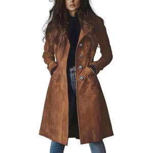 utcoco Womens Long Suede Trench Coat Single Breasted Leather Trench Overcoat with Pocket(Brown)