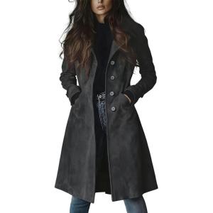 utcoco Womens Long Suede Trench Coat Single Breasted Leather Trench Overcoat with Pocket(Dark Grey)