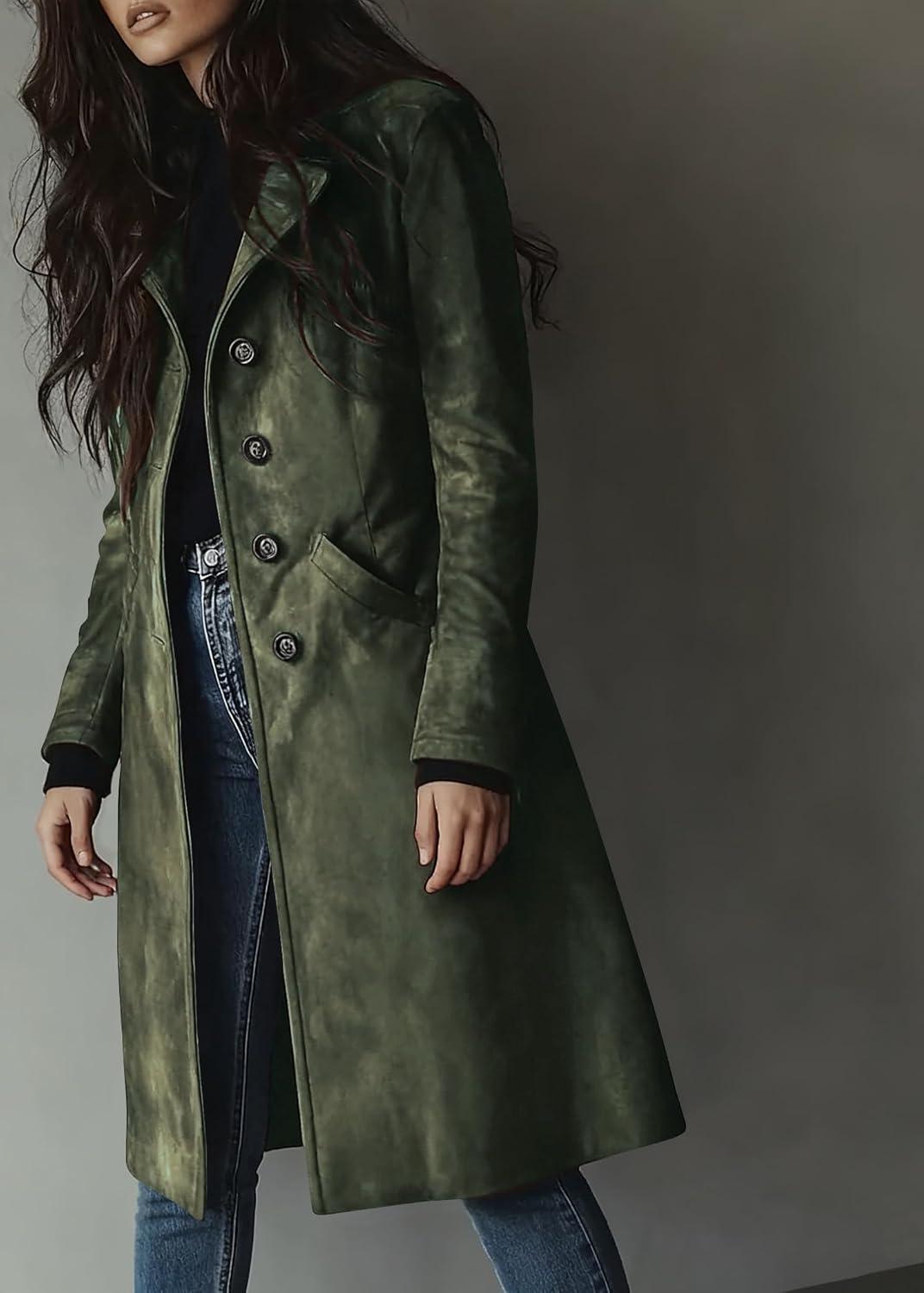 imageutcoco Womens Long Suede Trench Coat Single Breasted Leather Trench Overcoat with PocketArmy Green