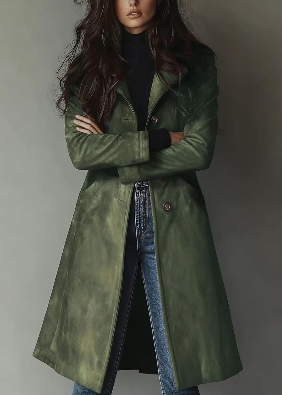 imageutcoco Womens Long Suede Trench Coat Single Breasted Leather Trench Overcoat with PocketArmy Green