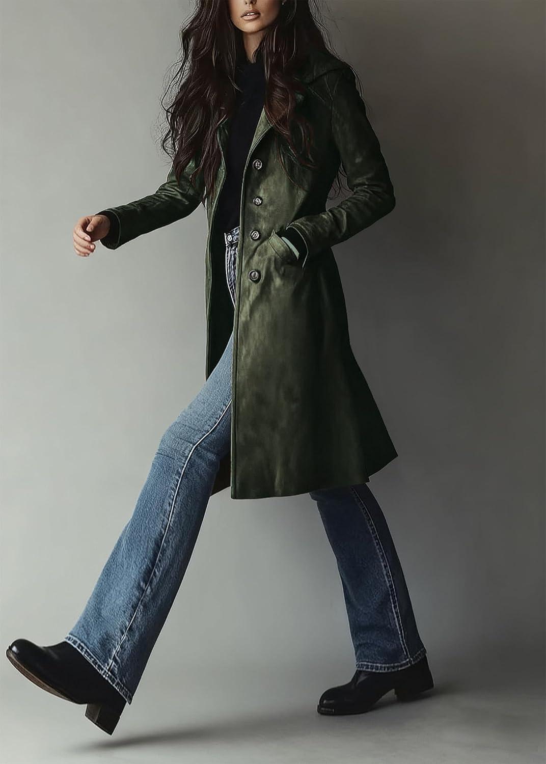 imageutcoco Womens Long Suede Trench Coat Single Breasted Leather Trench Overcoat with PocketArmy Green