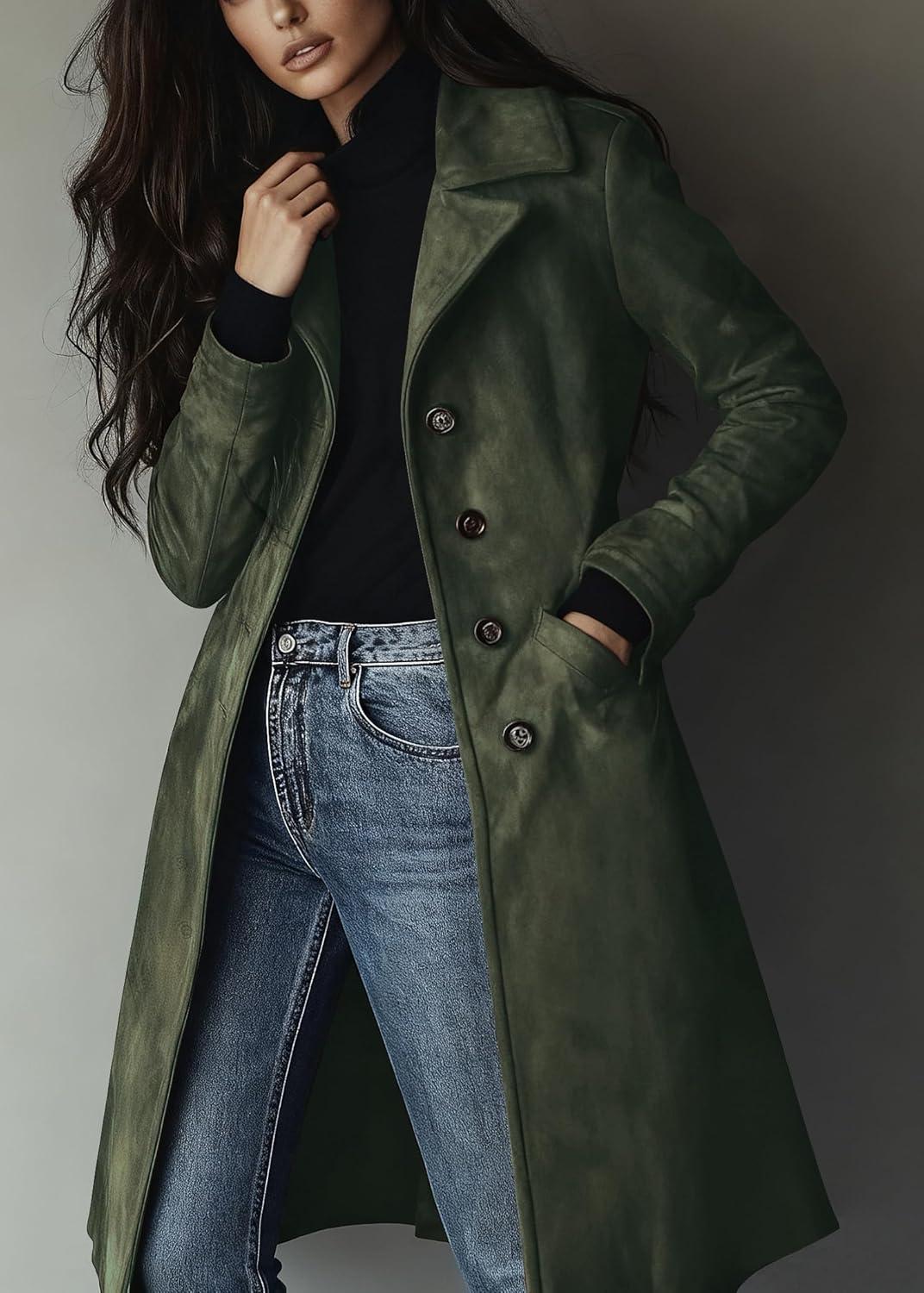imageutcoco Womens Long Suede Trench Coat Single Breasted Leather Trench Overcoat with PocketArmy Green