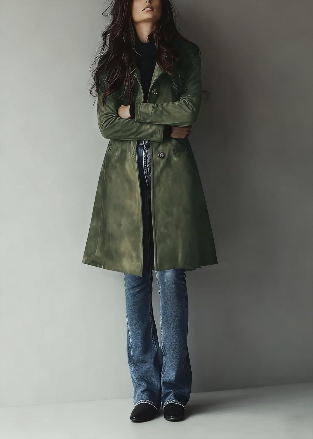 imageutcoco Womens Long Suede Trench Coat Single Breasted Leather Trench Overcoat with PocketArmy Green