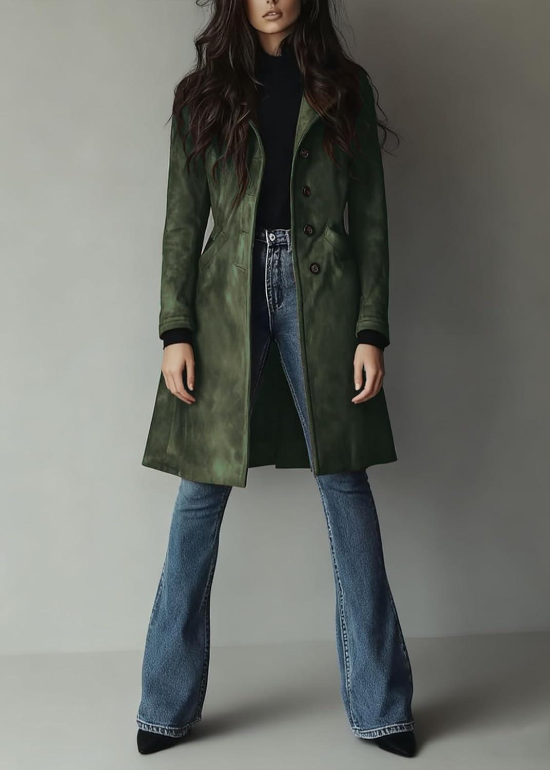 imageutcoco Womens Long Suede Trench Coat Single Breasted Leather Trench Overcoat with PocketArmy Green
