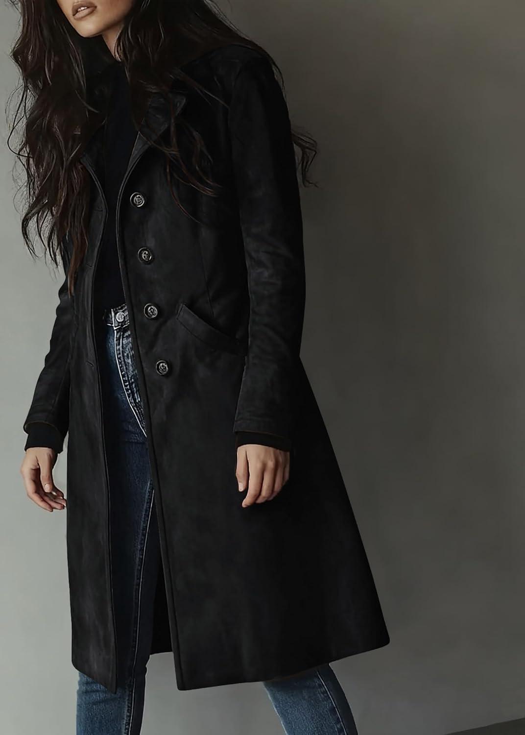 imageutcoco Womens Long Suede Trench Coat Single Breasted Leather Trench Overcoat with PocketBlack