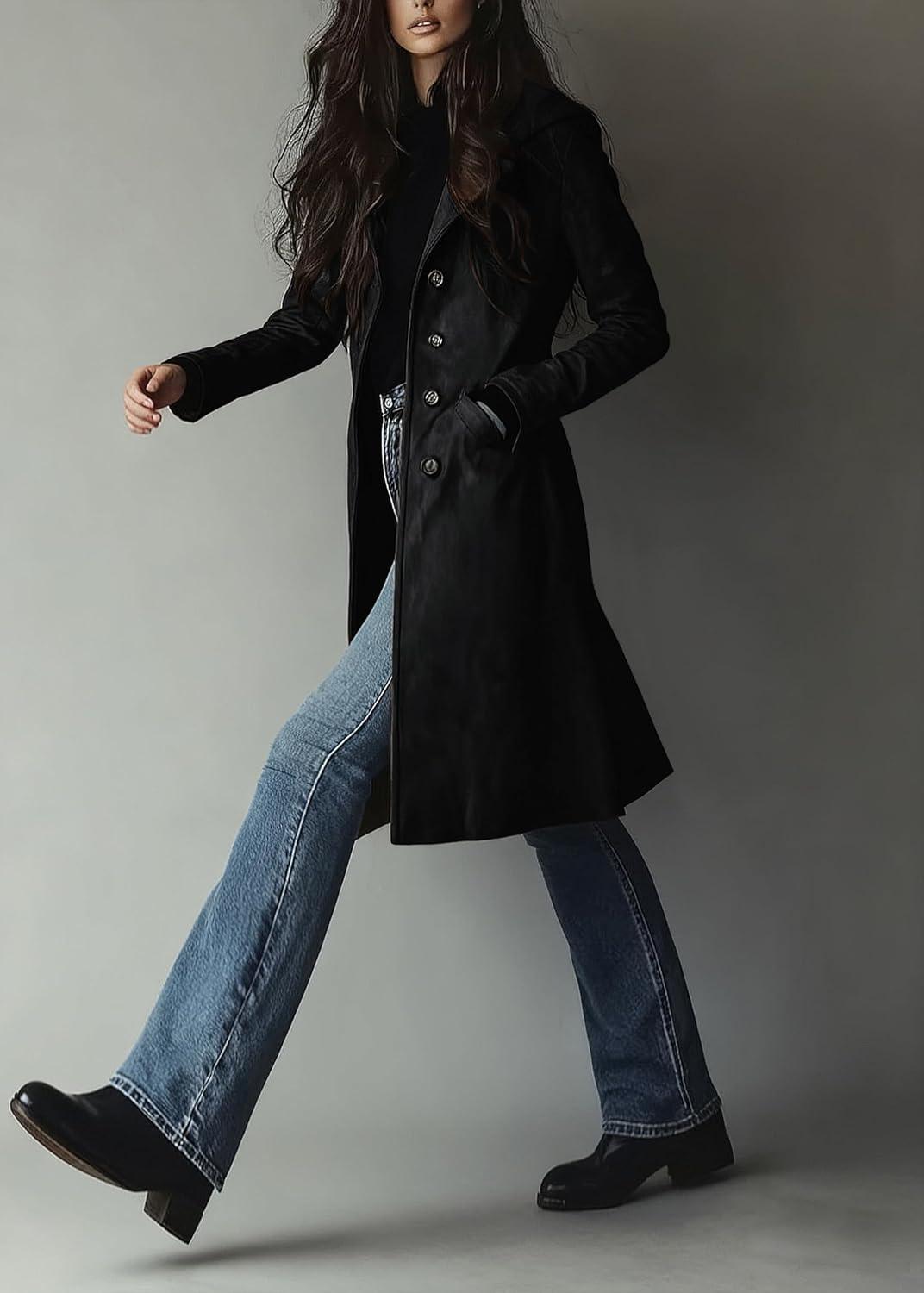 imageutcoco Womens Long Suede Trench Coat Single Breasted Leather Trench Overcoat with PocketBlack
