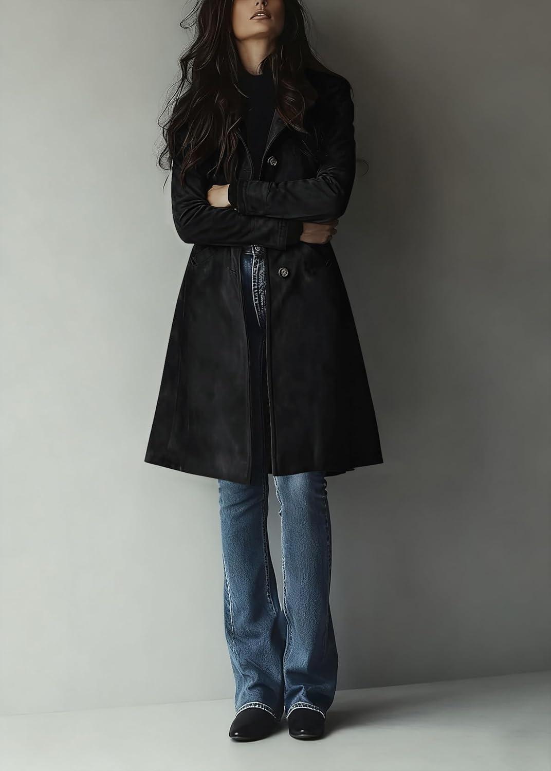 imageutcoco Womens Long Suede Trench Coat Single Breasted Leather Trench Overcoat with PocketBlack