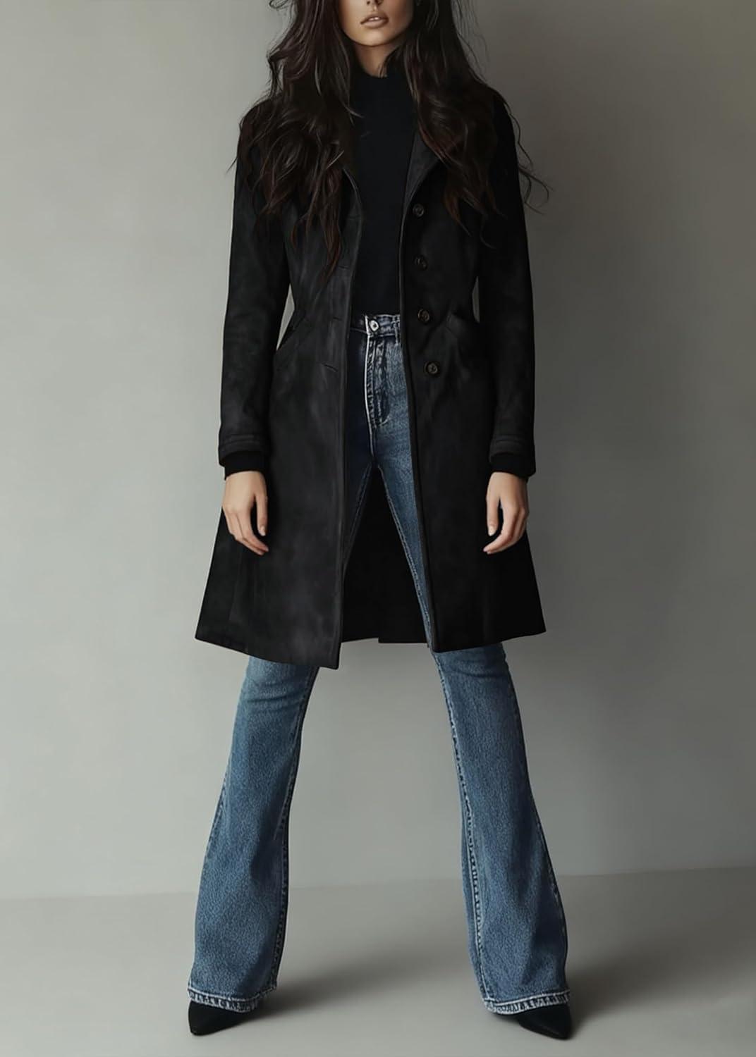 imageutcoco Womens Long Suede Trench Coat Single Breasted Leather Trench Overcoat with PocketBlack