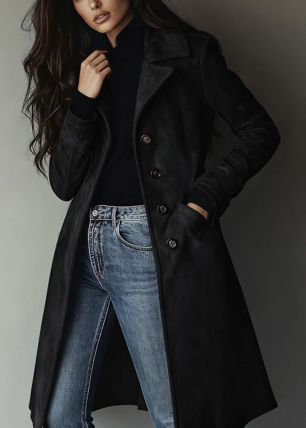 imageutcoco Womens Long Suede Trench Coat Single Breasted Leather Trench Overcoat with PocketBlack