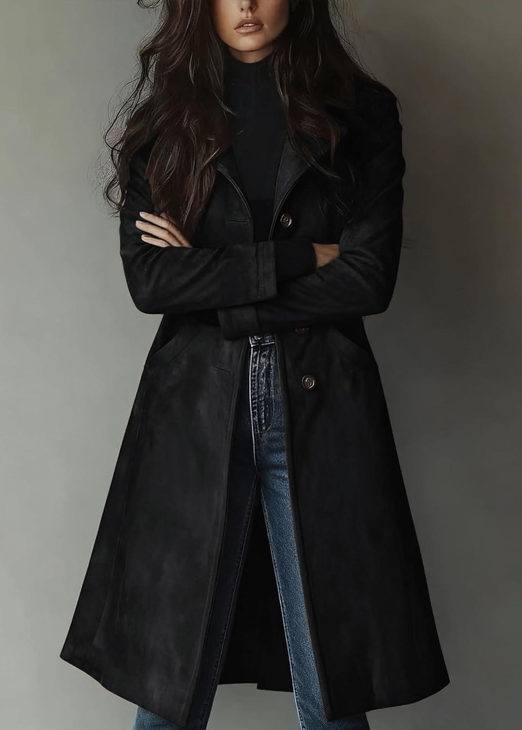 imageutcoco Womens Long Suede Trench Coat Single Breasted Leather Trench Overcoat with PocketBlack