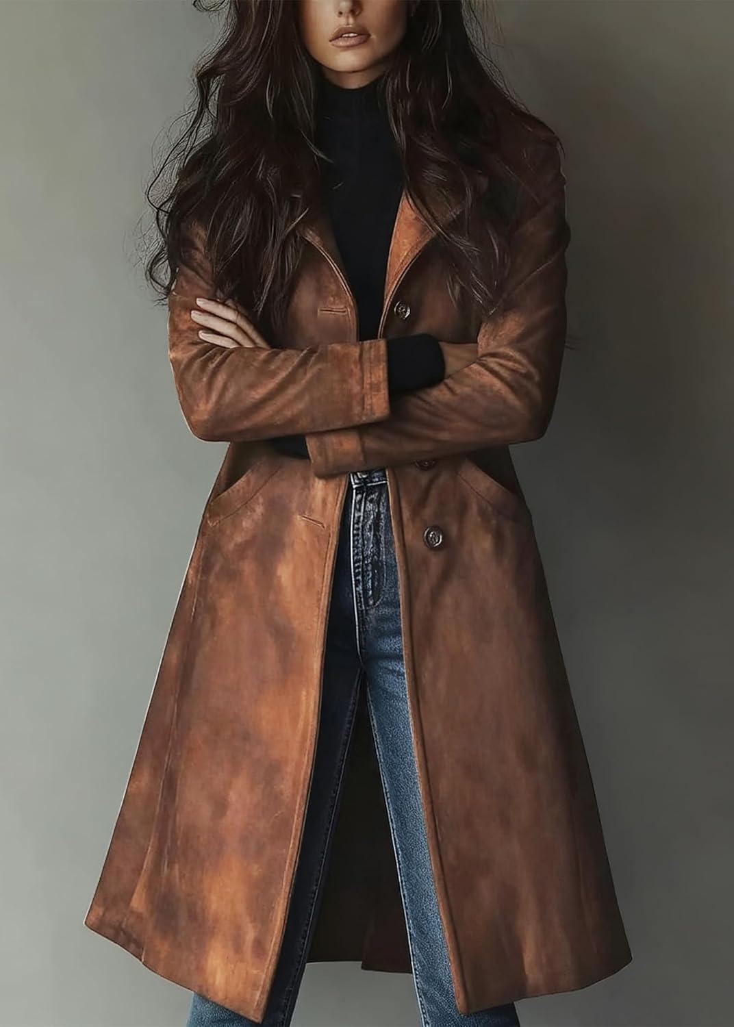imageutcoco Womens Long Suede Trench Coat Single Breasted Leather Trench Overcoat with PocketBrown