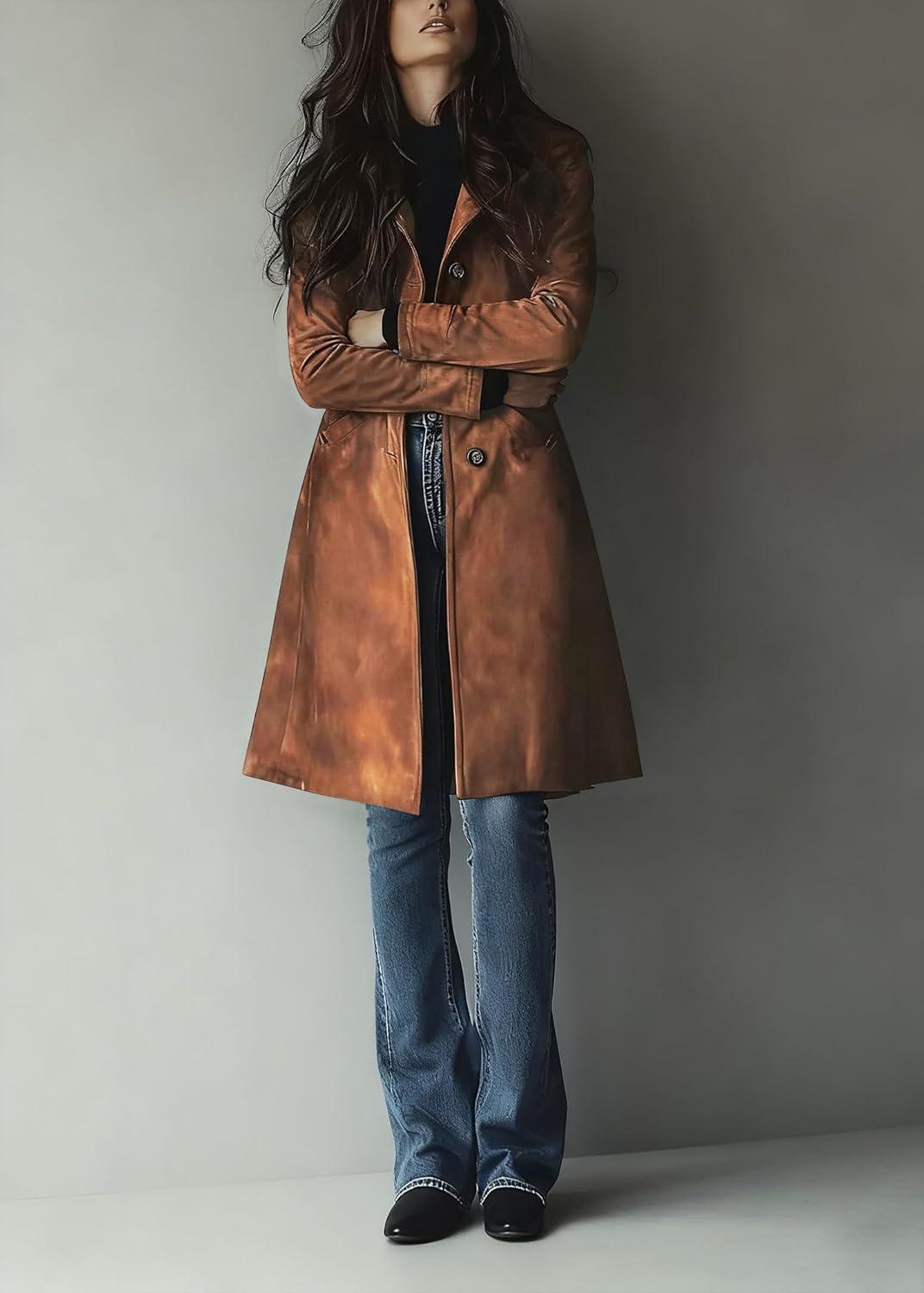 imageutcoco Womens Long Suede Trench Coat Single Breasted Leather Trench Overcoat with PocketBrown