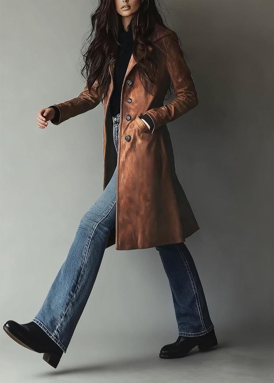 imageutcoco Womens Long Suede Trench Coat Single Breasted Leather Trench Overcoat with PocketBrown