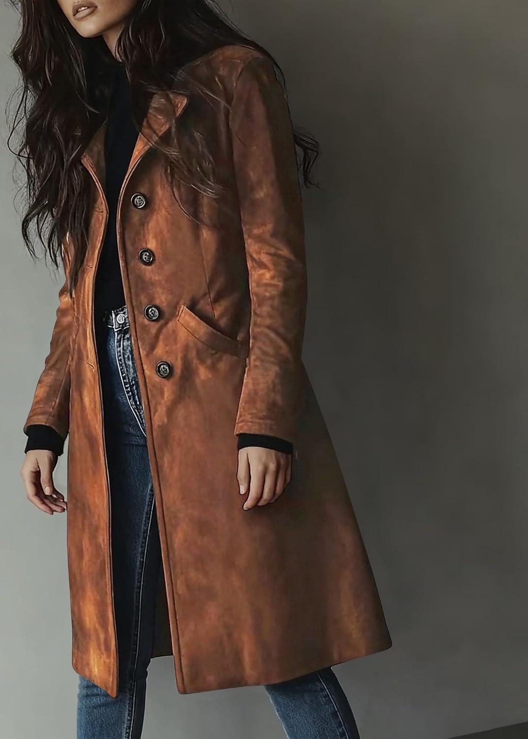 imageutcoco Womens Long Suede Trench Coat Single Breasted Leather Trench Overcoat with PocketBrown