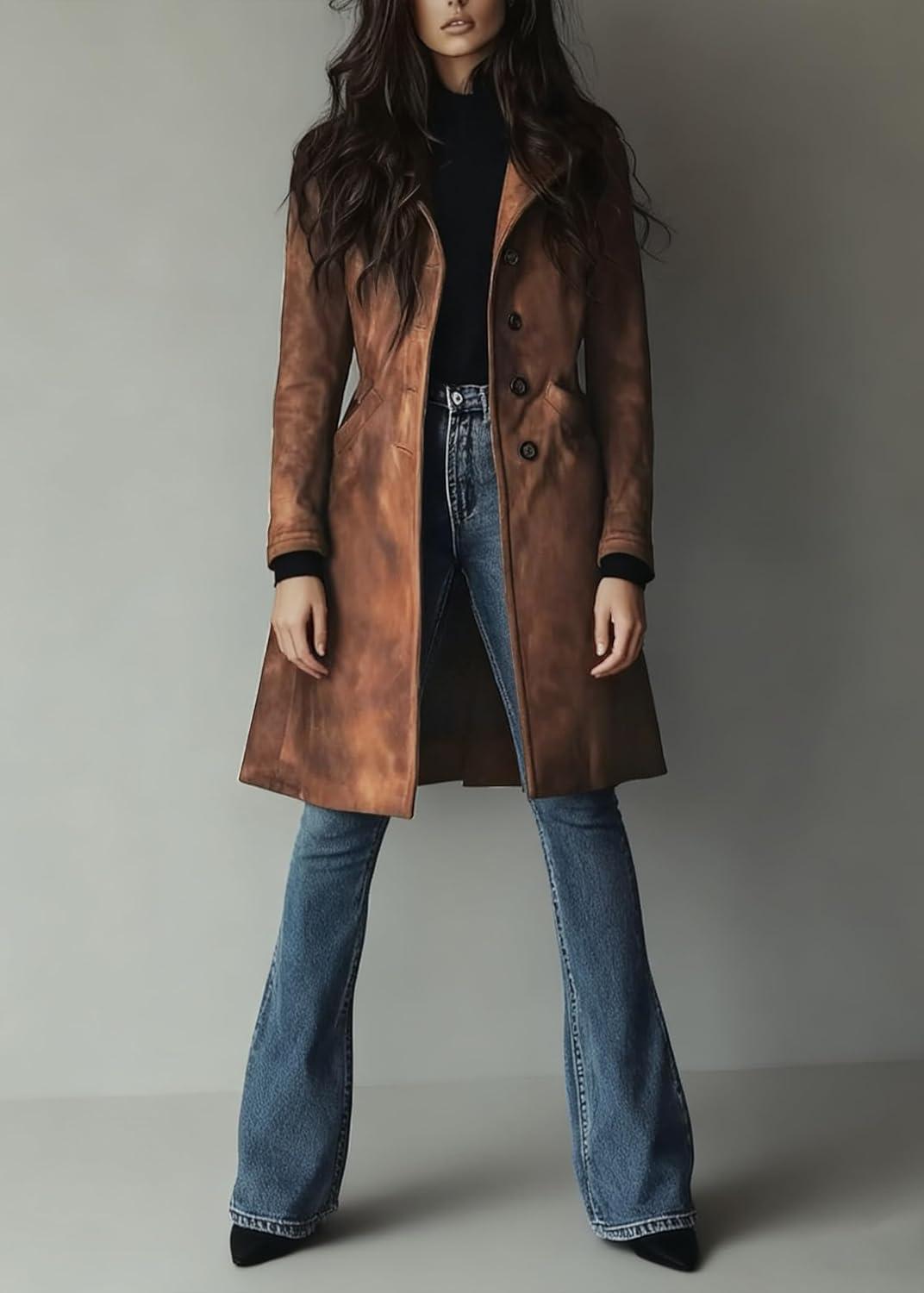 imageutcoco Womens Long Suede Trench Coat Single Breasted Leather Trench Overcoat with PocketBrown
