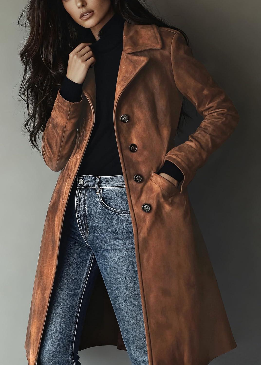imageutcoco Womens Long Suede Trench Coat Single Breasted Leather Trench Overcoat with PocketBrown