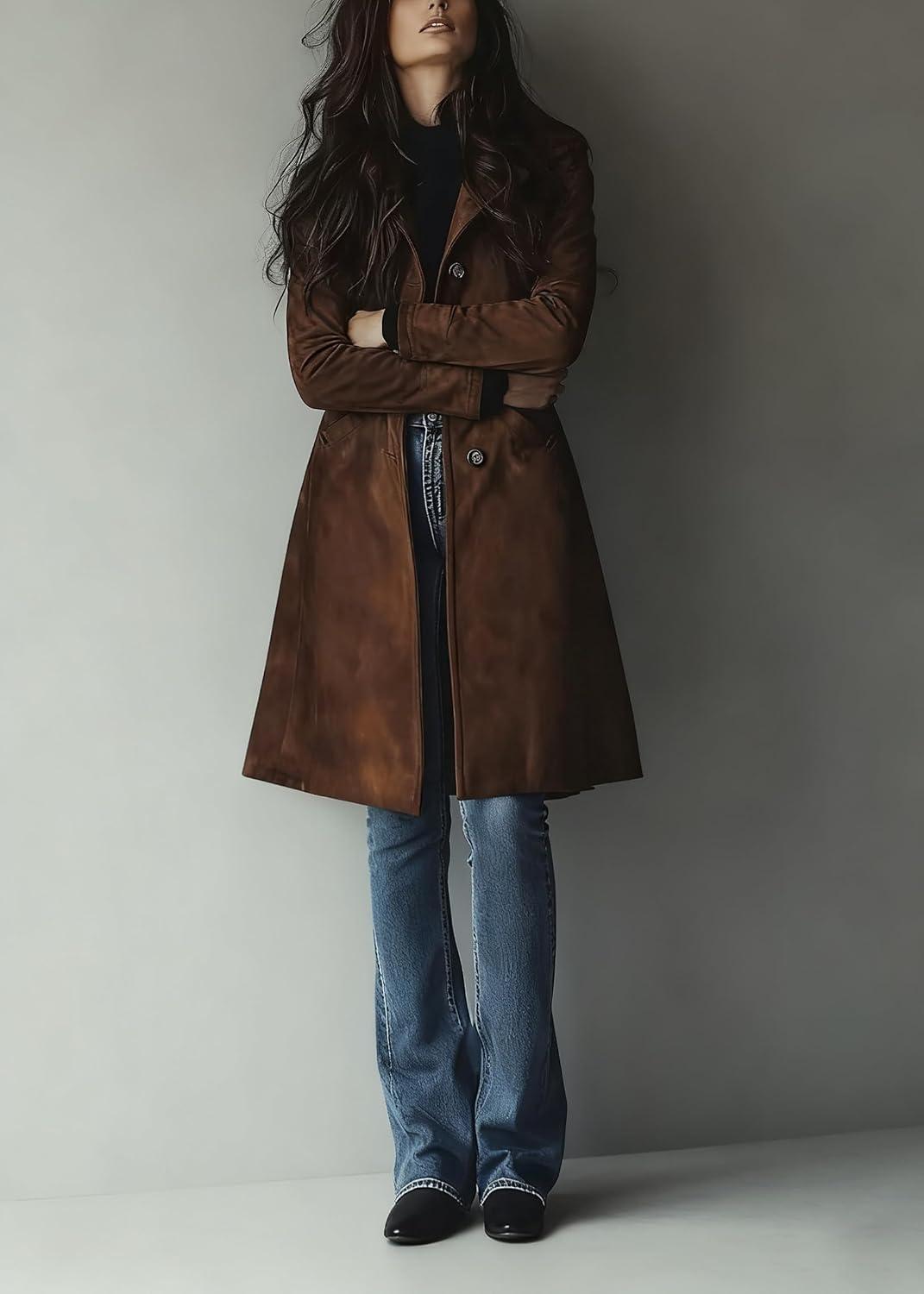 imageutcoco Womens Long Suede Trench Coat Single Breasted Leather Trench Overcoat with PocketDark Brown